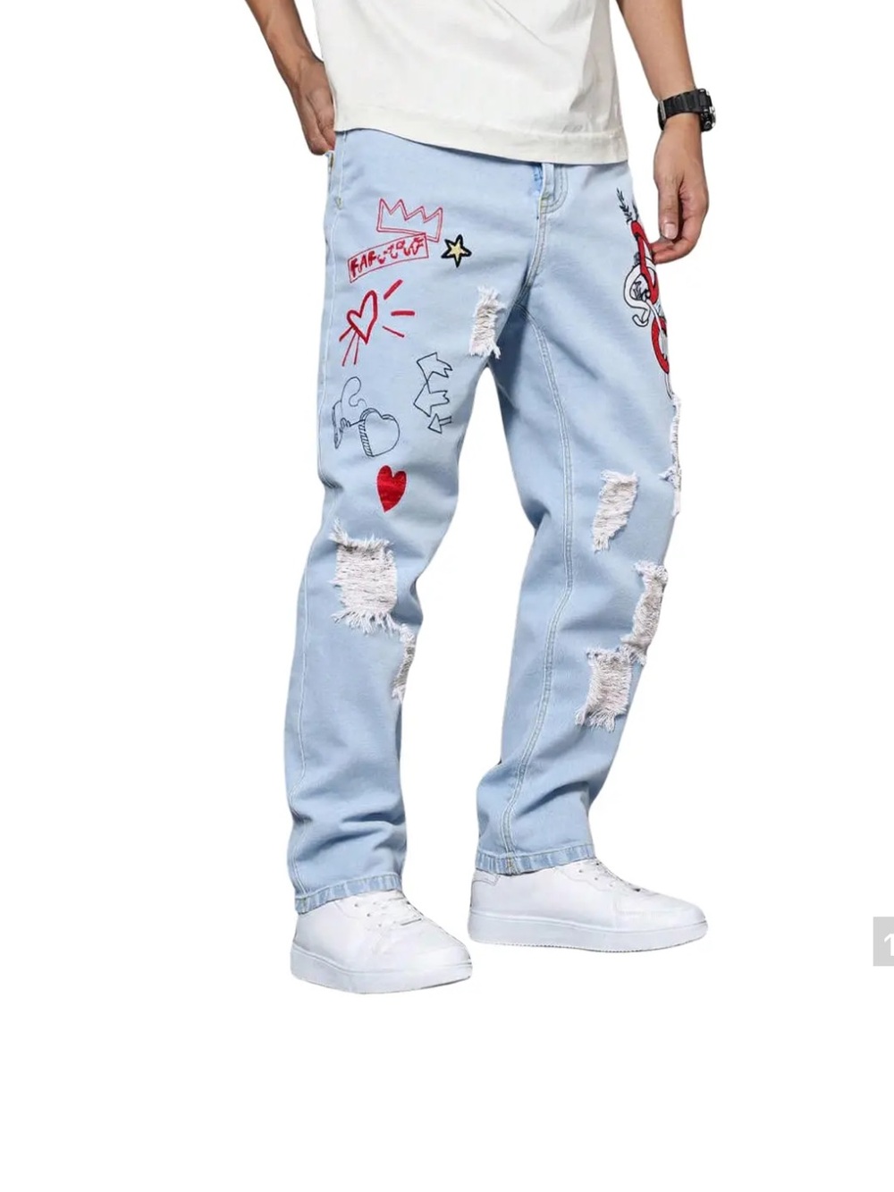 GB Design Light Blue Denim Patch Work Embroidered Straight Jeans
Mens Size 32x30